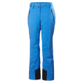 Bright blue Helly Hansen Legendary insulated women's ski pants with zippered pockets and black reinforced ankle cuffs.