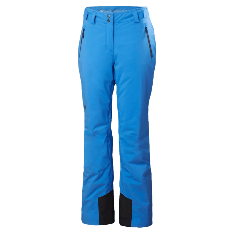 Bright blue Helly Hansen Legendary insulated women's ski pants with zippered pockets and black reinforced ankle cuffs.
