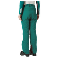 Rear view of teal Helly Hansen women's Legendary Insulated Ski Pants with reinforced cuffs and ski boots.