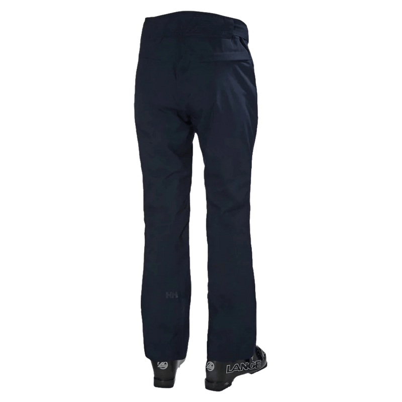 Rear view of navy blue Helly Hansen women's Legendary Insulated Ski Pants featuring a straight leg and back pocket.