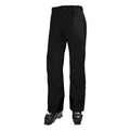 Black Helly Hansen Legendary Insulated Ski Pants with reinforced cuffs, shown from a front angle with ski boots.