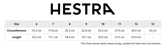 Size chart for Hestra handwear showing measurements for men and women Includes hand circumference in centimetres, with corresponding sizes. Helps customers find the right glove or mitten fit