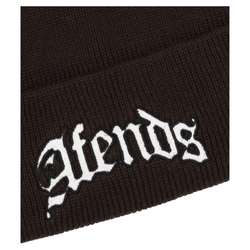 Logo view of Afends Home Recycled Cuffed Beanie in Coffee.