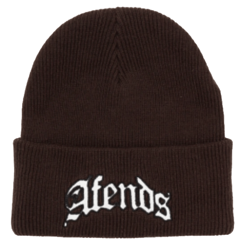 Front view of Afends Home Recycled Cuffed Beanie in Coffee.