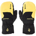 Image of the Stay Dry Gore-Tex Mits in Dark Yellow. Features a black base with a yellow panel across the fingers and embroidered branding in matching yellow. Gathered elastic at wrist and adjustable Velcro tab at lower forearm. 