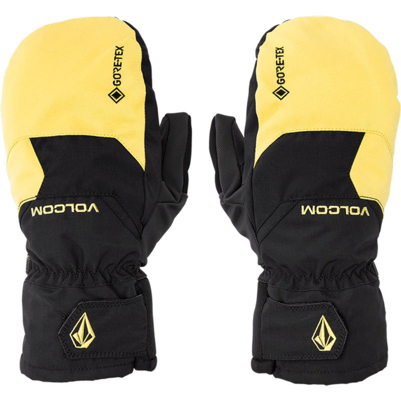 Image of the Stay Dry Gore-Tex Mits in Dark Yellow. Features a black base with a yellow panel across the fingers and embroidered branding in matching yellow. Gathered elastic at wrist and adjustable Velcro tab at lower forearm. 