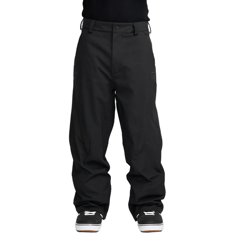 Front view of black Volcom Kleveland snowboard pants featuring a relaxed fit, belt loops, and subtle branding.