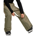 Volcom Kleveland olive green snowboard pants with an open mesh-lined inner thigh zipper vent for ventilation.