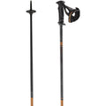 Close up view of the top and bottom of the Salomon Icon Ergo S3 Ski Pole in black with ergonomic grip in black with wrap around black wrist strap and black baskets.