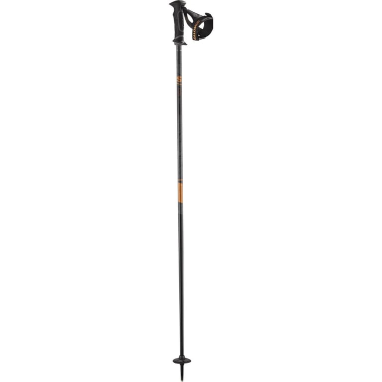Salomon Icon Ergo S3 Ski Pole in black with ergonomic grip in black with wrap around black wrist strap and black baskets.