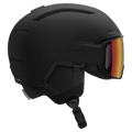Matte black Salomon Driver Pro ski helmet with integrated red visor and ventilation, side profile view.