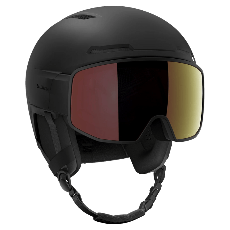 Matte black Salomon Driver Pro Sigma Photo MIPS ski helmet with an integrated red-tinted visor and chin strap.