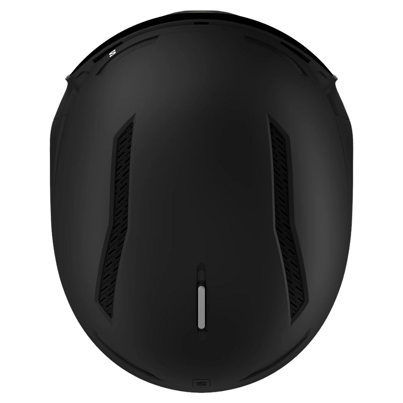 Top-down view of a matte black Salomon Driver Pro Sigma Photo MIPS ski helmet with dual vertical ventilation ports.