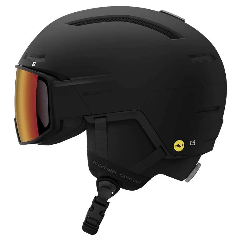 Matte black Salomon Driver Pro Sigma Photo MIPS ski helmet with integrated orange mirrored visor and side vents.