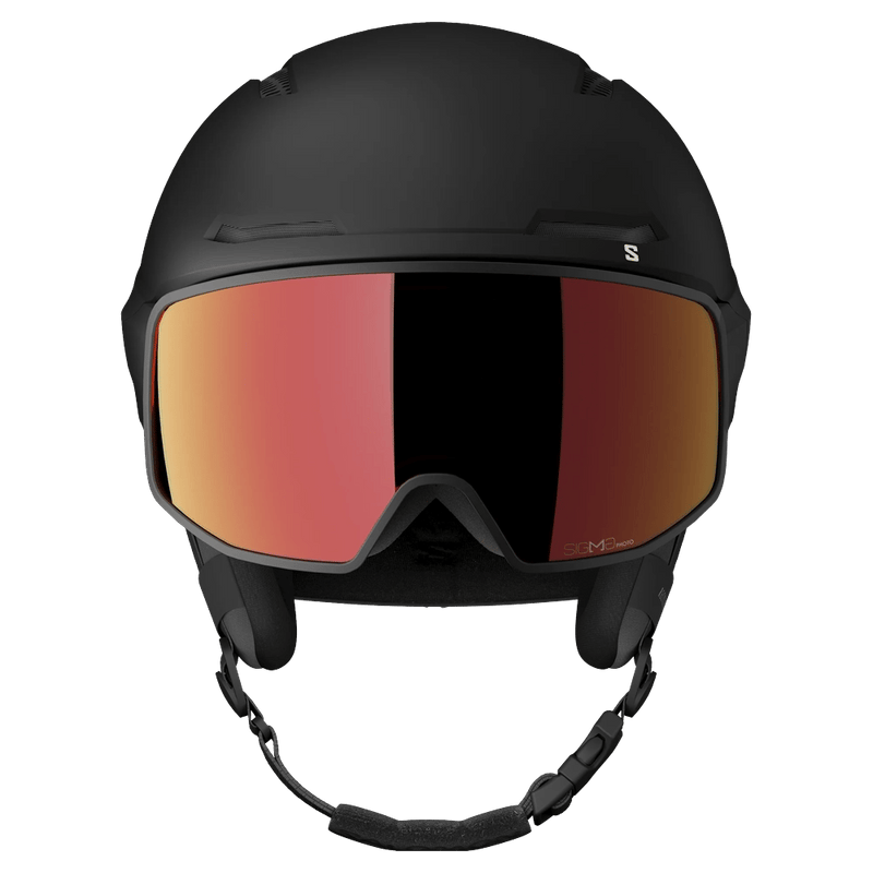 Salomon Driver Pro Sigma Photo MIPS matte black ski helmet with integrated red mirrored visor, front view.