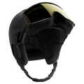 Matte black Salomon Driver Pro Sigma Photo MIPS helmet with integrated gold visor and padded interior, low angle view.