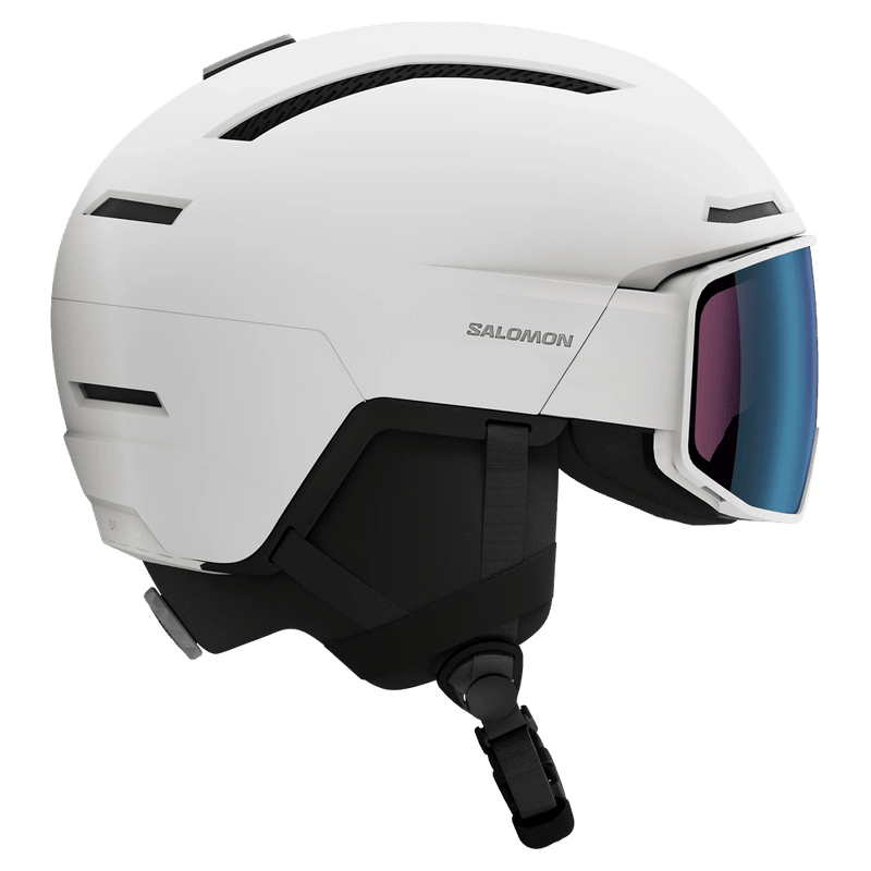 White Salomon Driver Pro Sigma Photo MIPS ski helmet with integrated blue visor and black vents, side profile.