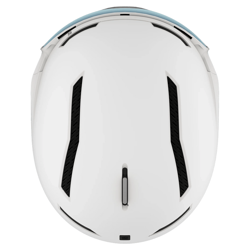 Top view of a white Salomon Driver Pro Sigma Photo MIPS ski helmet with black ventilation slots and integrated blue visor.