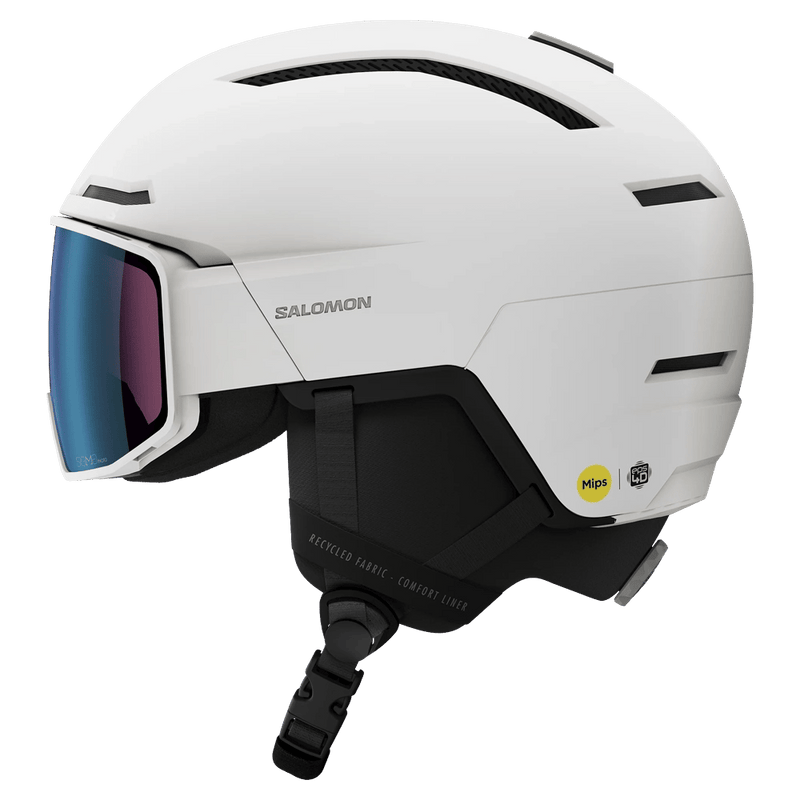 White Salomon Driver Pro Sigma Photo MIPS ski helmet with integrated blue visor and black ear pads, side profile.