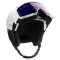 White Salomon Driver Pro Sigma Photo MIPS ski helmet with integrated purple visor and black padding, low angle view.
