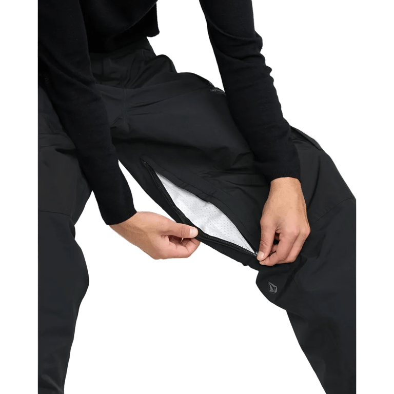 Black Volcom Longo Gore-Tex snowboard pants with a zippered inner thigh vent showing white mesh lining.