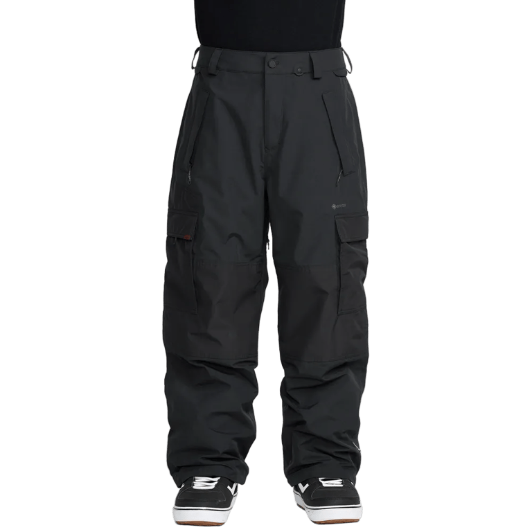 Black Volcom Longo Gore-Tex snowboard pants with cargo pockets and a relaxed fit, shown from the front.