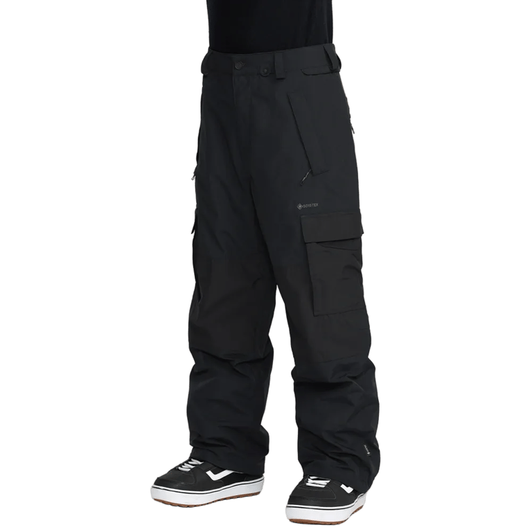 Black Volcom Longo Gore-Tex snowboard pants with cargo pockets and a relaxed fit, side view.