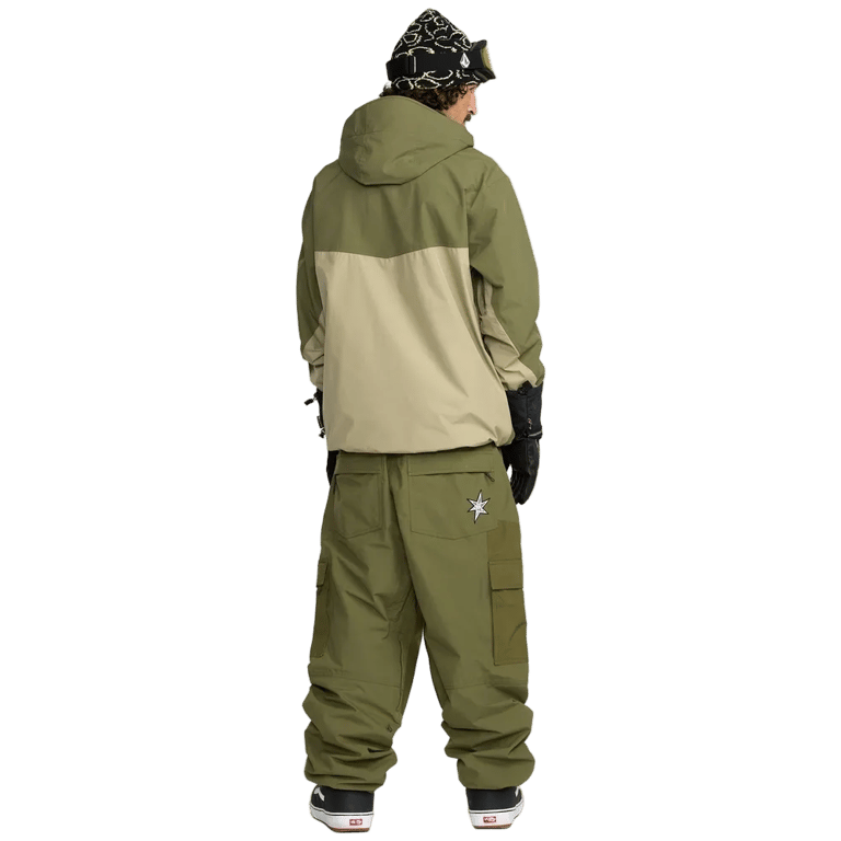 Back view of olive green Volcom Longo Gore-Tex snowboard pants with a baggy fit and star logo on the back pocket.