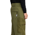 Olive green Volcom Longo Gore-Tex snowboard pants with side cargo pocket and white star embroidery on the back pocket.