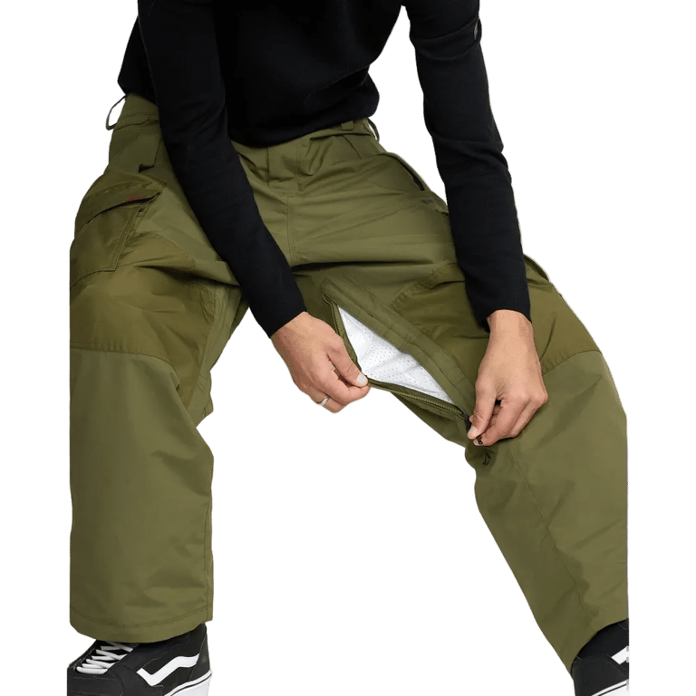 Olive green Volcom Longo Gore-Tex snowboard pants featuring a mesh-lined inner thigh zipper vent.