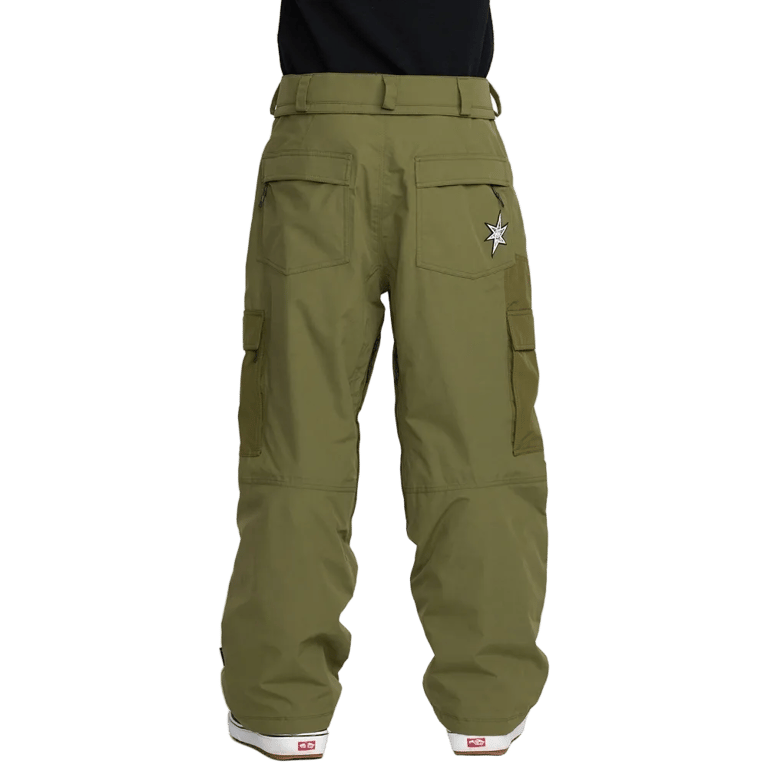 Rear view of olive green Volcom Longo Gore-Tex cargo snowboard pants with back pockets and star logo.