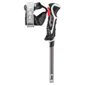 close up view of the Leki carbon 14 3d ski pole trigger release handle in black and grey with a mesh wrap around wrist strap and Leki branding.