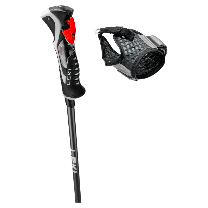 close up image of the leki carbon 14 3d ski pole with the wrist strap release from the trigger release grip.