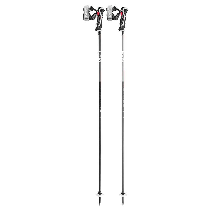 a pair of Leki Carbon 14 3d ski poles in black anthracite, black with black and white baskets, white writing. black trigger release handle and wrap around mesh wrist strap.