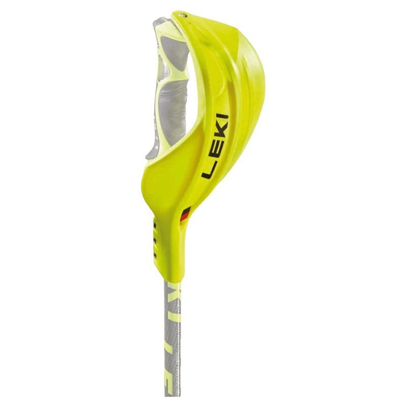 Leki Gate Guard Closed in neon yellow with black Leki wrting mounted on a white ski pole