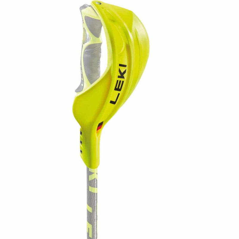 A single Leki Gate Guard Closed in yellow with black Leki branding shown on a single white pole.