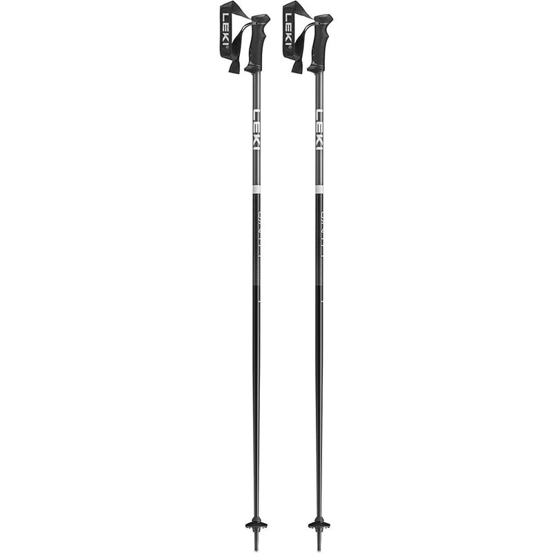 A Pair of Leki QNTM ski poles in black with light anthracite and a white band with white lettering. Strap, grip and basket in black