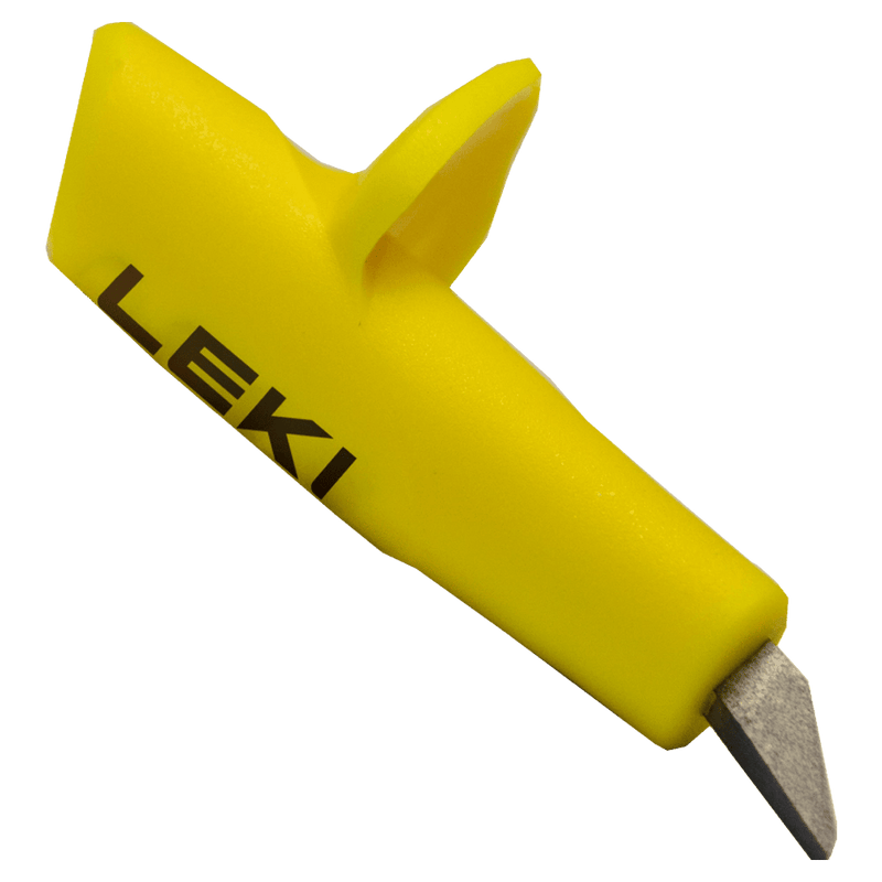Bright yellow Leki Roller Speed Pole Tip with black logo and angled metal carbide tip for roller ski poles.