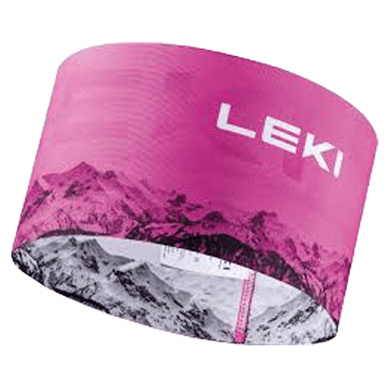 Pink Leki XC Headband featuring a mountain landscape graphic and white logo on textured fabric.