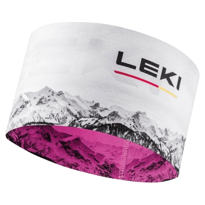 Pink Leki XC Headband featuring a mountain landscape graphic and white logo on textured fabric.