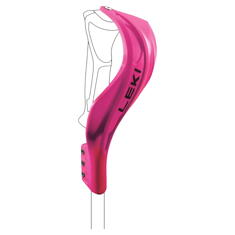 Bright pink Leki Gate Guard Closed Worldcup plastic hand guard for ski poles with black logo and mounting screws.