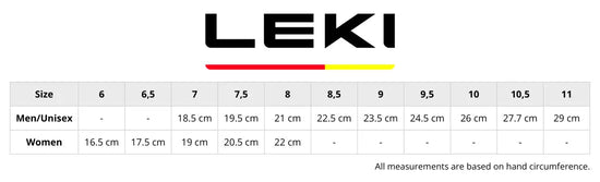Size chart for Leki handwear showing measurements for men and women. Includes hand circumference in centimetres, with corresponding sizes. Helps customers find the right glove or mitten fit