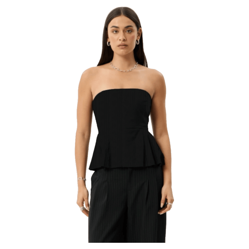 Front view of Afends Lilo Recycled Pinstripe Strapless Top - Womens in colour Black.