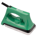 Image of a green iron with a thick base plate and dial tempreture control
