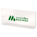 Image of a white plexi wax scraper with green branding