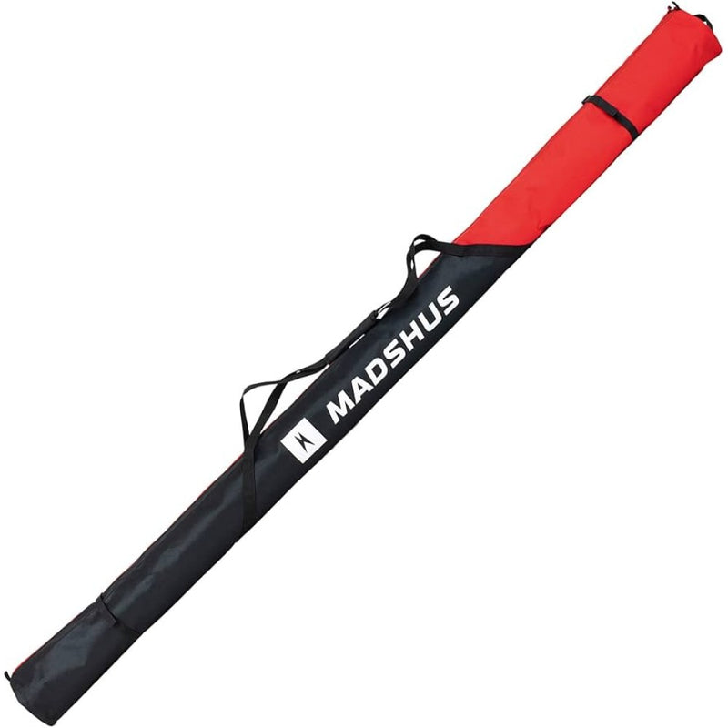 Madshus 1-2 Cross Country Ski Bag in Black and Red polyester fabric, black shoulder carry strap. White writing.