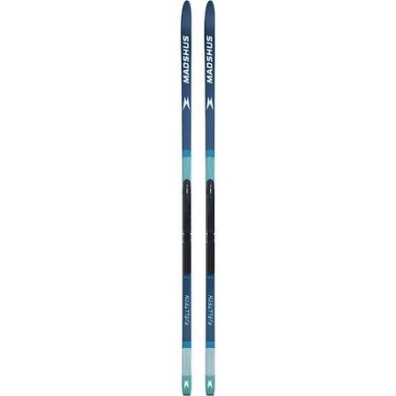 A pair of Madshus Fjelltech M44 Cross Country skis with a 3 toned blu top sheet and white writing. Black mounting plate
