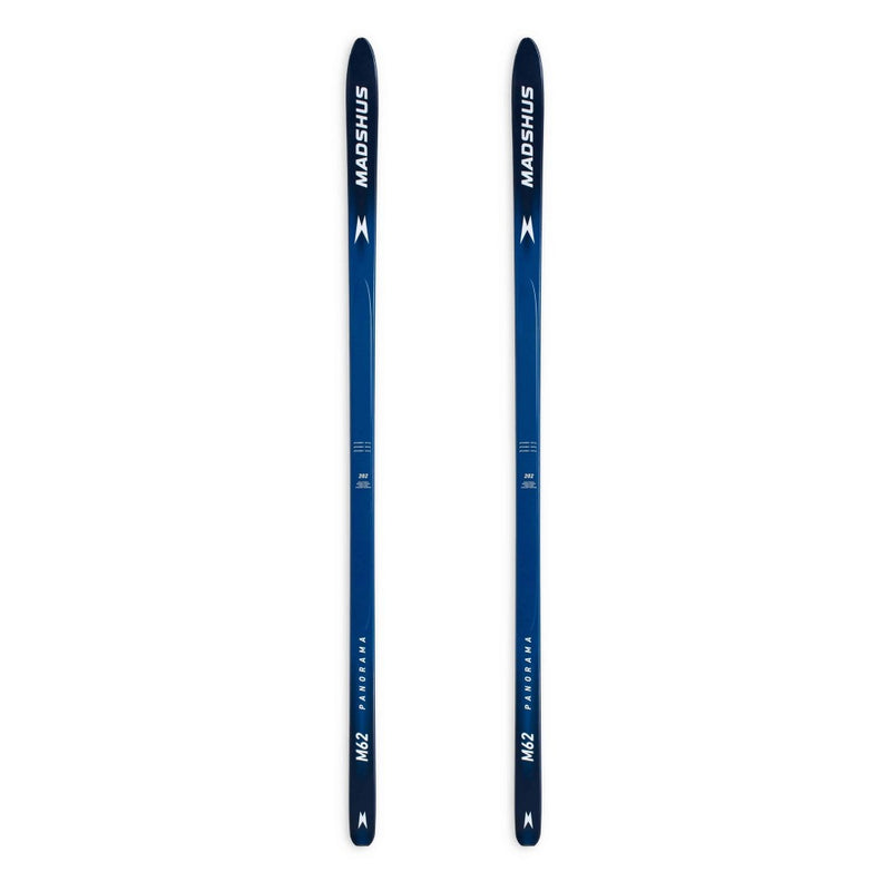 A pair of Madshus Panorama Light Touring skis with a two tone blue top sheet and white writing