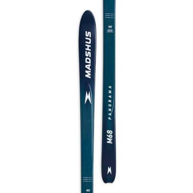 A pair of Madshus Panorama M68 Skis with a two toned blue top sheet and white writing