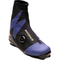 A single Womens Black and purple Madshus Pulse Boa Classic cross country ski boot with a side BOA dial and front zipper closure.